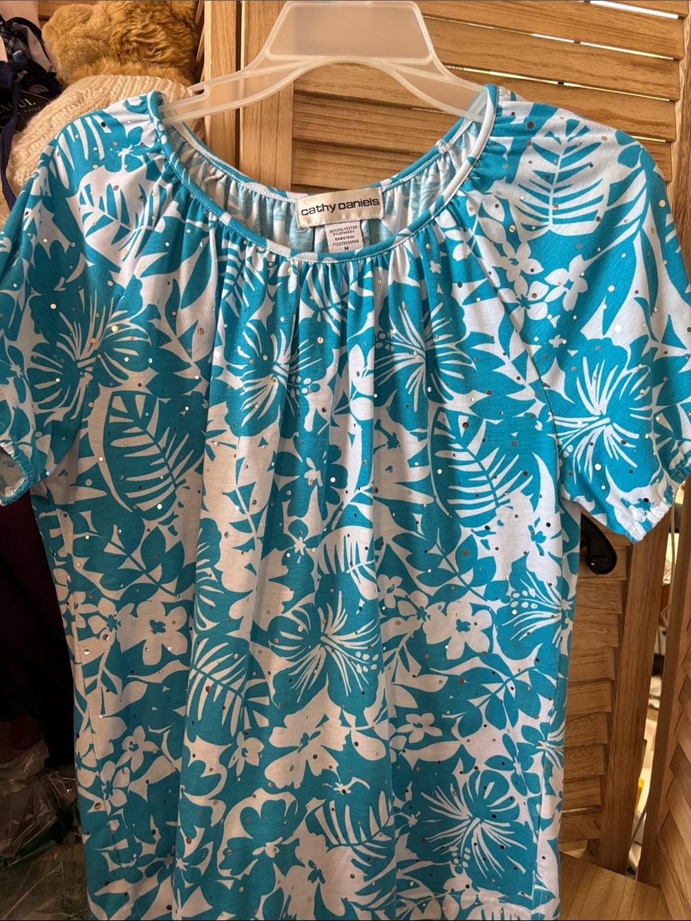 Cathy Daniels Turquoise& White Embellished Tropical Short-Sleeve Top Medium